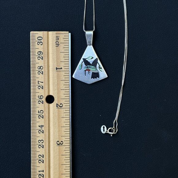 Zuni SC Edaakie Sterling Silver Hummingbird Inlay Pendant – Abalone Coral Jet - Picture 5 of 6